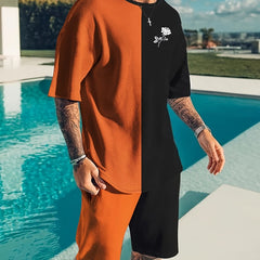 Rose Pattern Mens 2 Piece Outfits T-shirt And Shorts Set