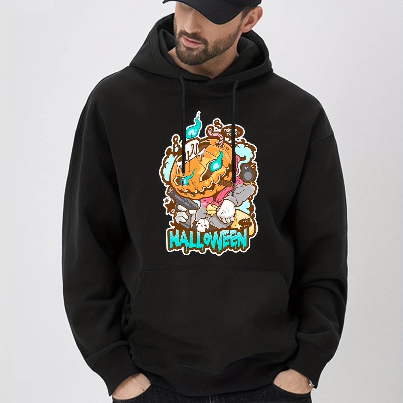 Anime Jack O Lantern Print Hoodie Men's Casual Graphic Pullover Hoodie