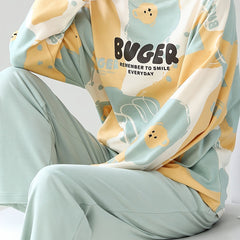 Bear Print Pajama Set Long Sleeve Top & Pants Women's Sleepwear