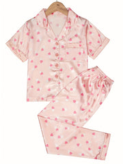 Girls Short Sleeve Pajama Set Satin PJ Set Sleepwear Loungewear 2 Piece PJs