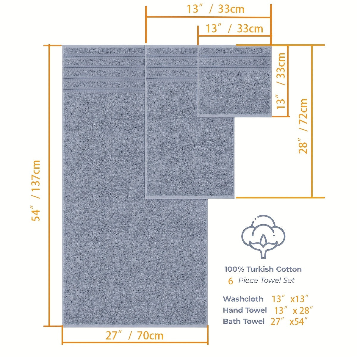 6pc Pure Cotton Towel Set for Bathroom