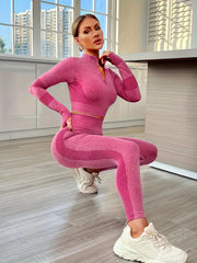 2Pcs Slimming Yoga Set Half Zipper Long Sleeves Top & Running Pant