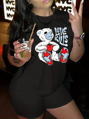 Bear Print Short Sleeve T shirt & Elastic Waist Shorts Set