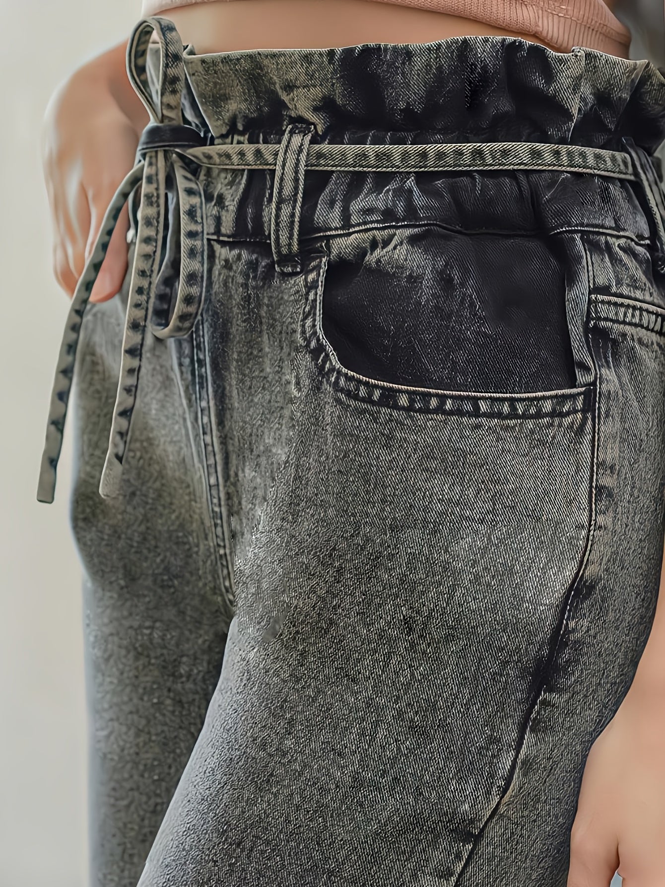 High Waist Paperbag Waist Denim Jeans Casual Drawstring Pencil Pants