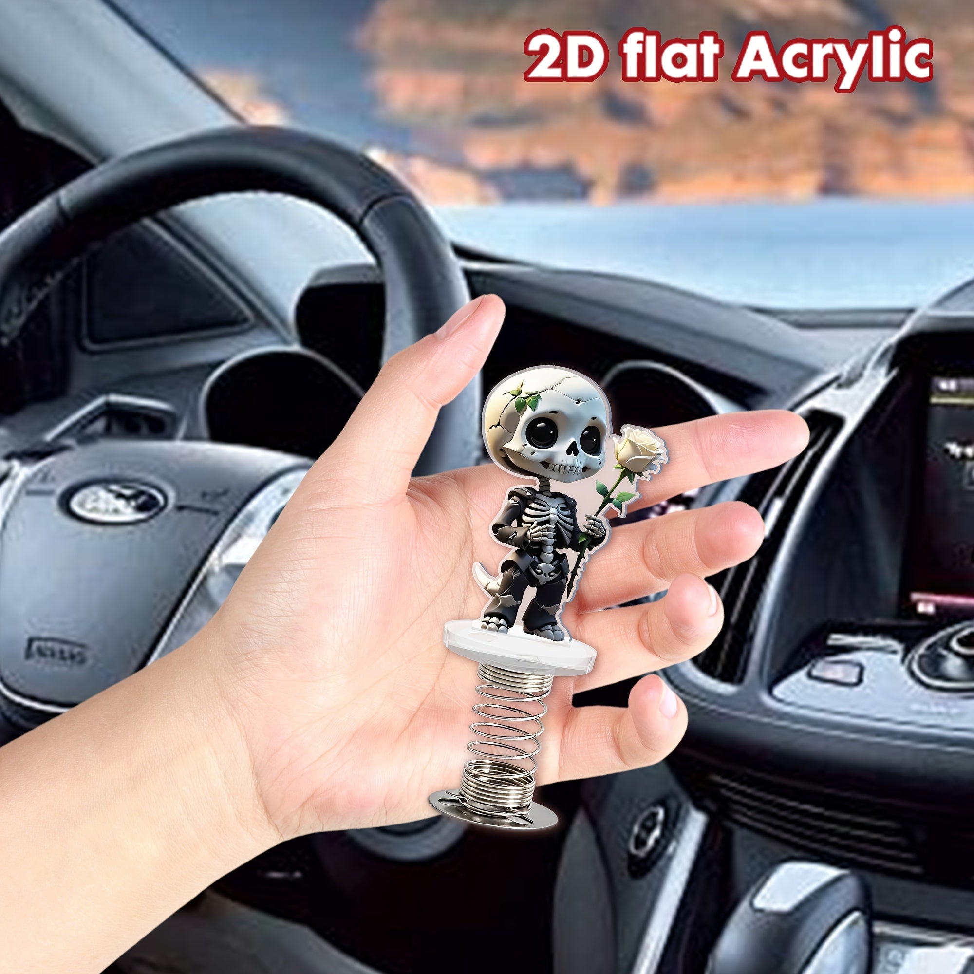 Acrylic Skull & Rose Car Bobblehead Ornament