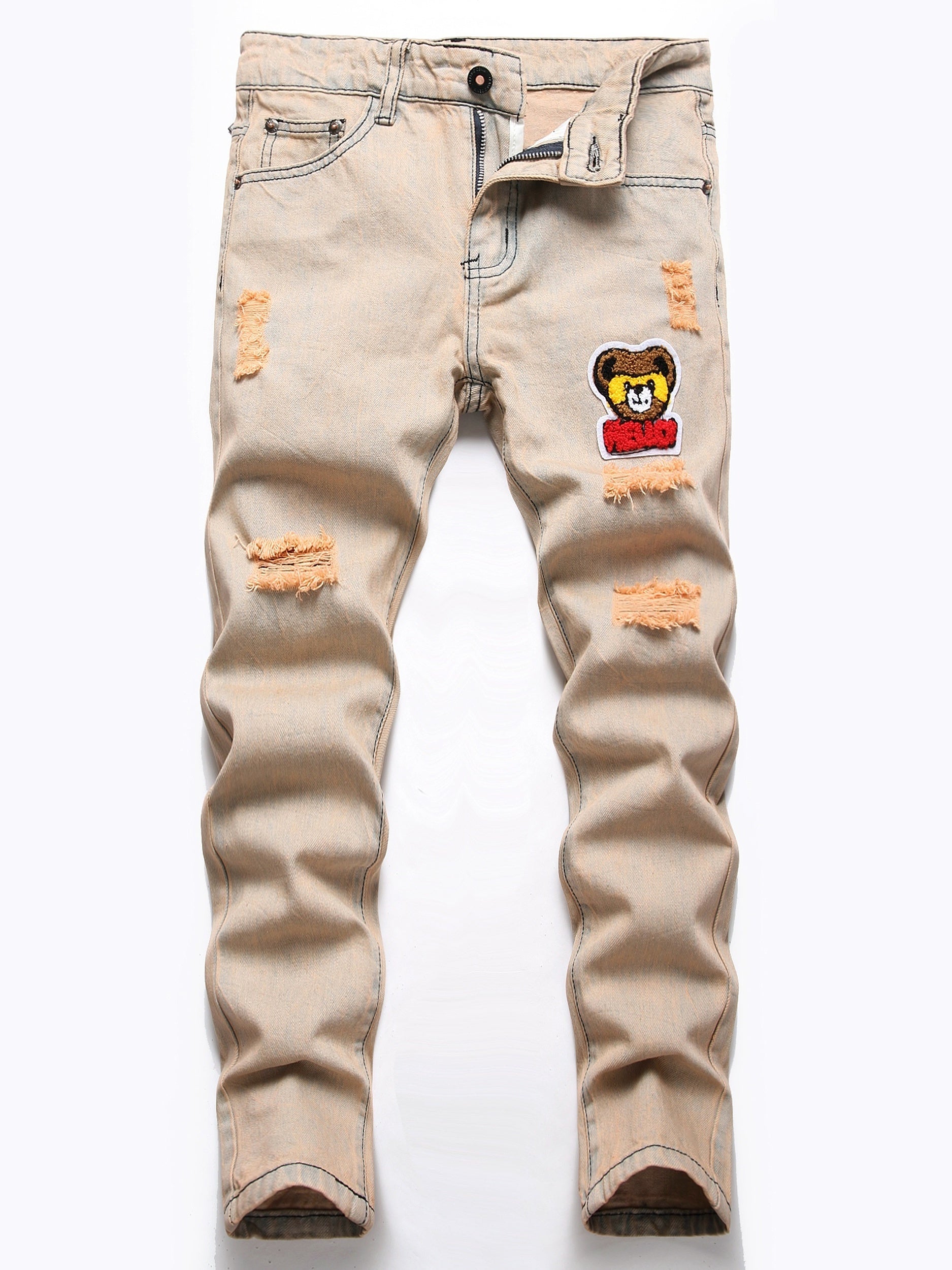 Boys Bear Print Ripped Jeans Skinny Slim Fit Washed Denim Long Pants