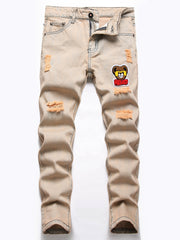 Boys Bear Print Ripped Jeans Skinny Slim Fit Washed Denim Long Pants