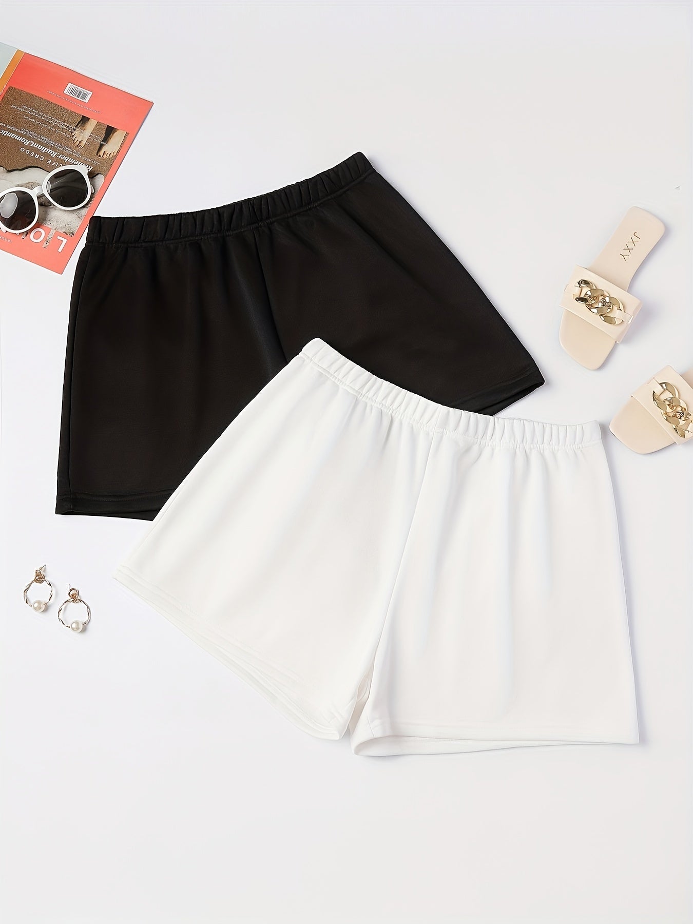 2 Pack Plus Size Basic Shorts Set Women's Elastic Stretch Two Piece Set