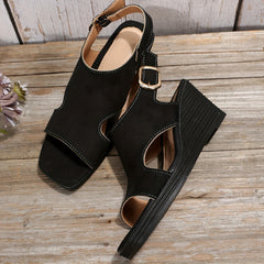Women's Square Toe Wedge Sandals Cut out Buckle Strap Slingback Sandals