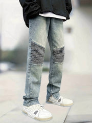Men's Straight Leg Biker Jeans - Casual Denim Pants