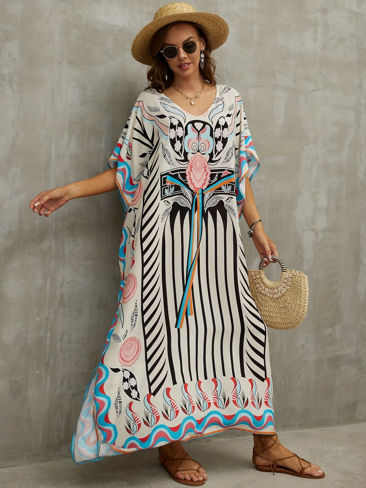 Stripes Floral Geometric Print Kaftan Cover Up Dress V Neck Maxi Boho Bohemian