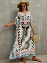 Stripes Floral Geometric Print Kaftan Cover Up Dress V Neck Maxi Boho Bohemian
