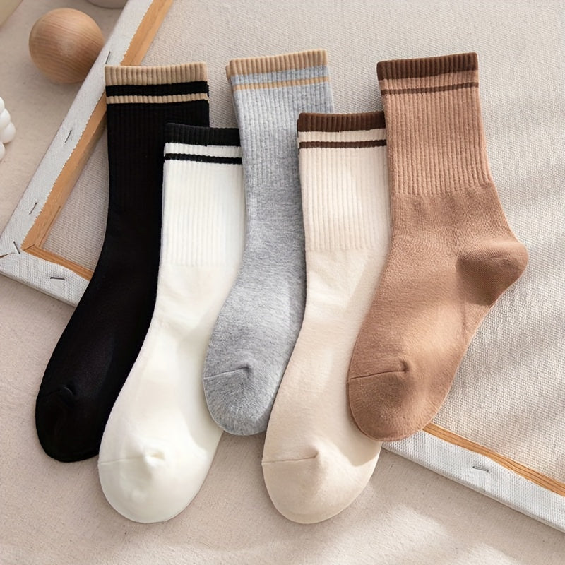 5 Pairs Striped Crew Socks Comfy Mid Tube Women's Stockings & Hosiery