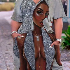 Casual Dress Women's Plus Cartoon Figure Print V Neck Dress