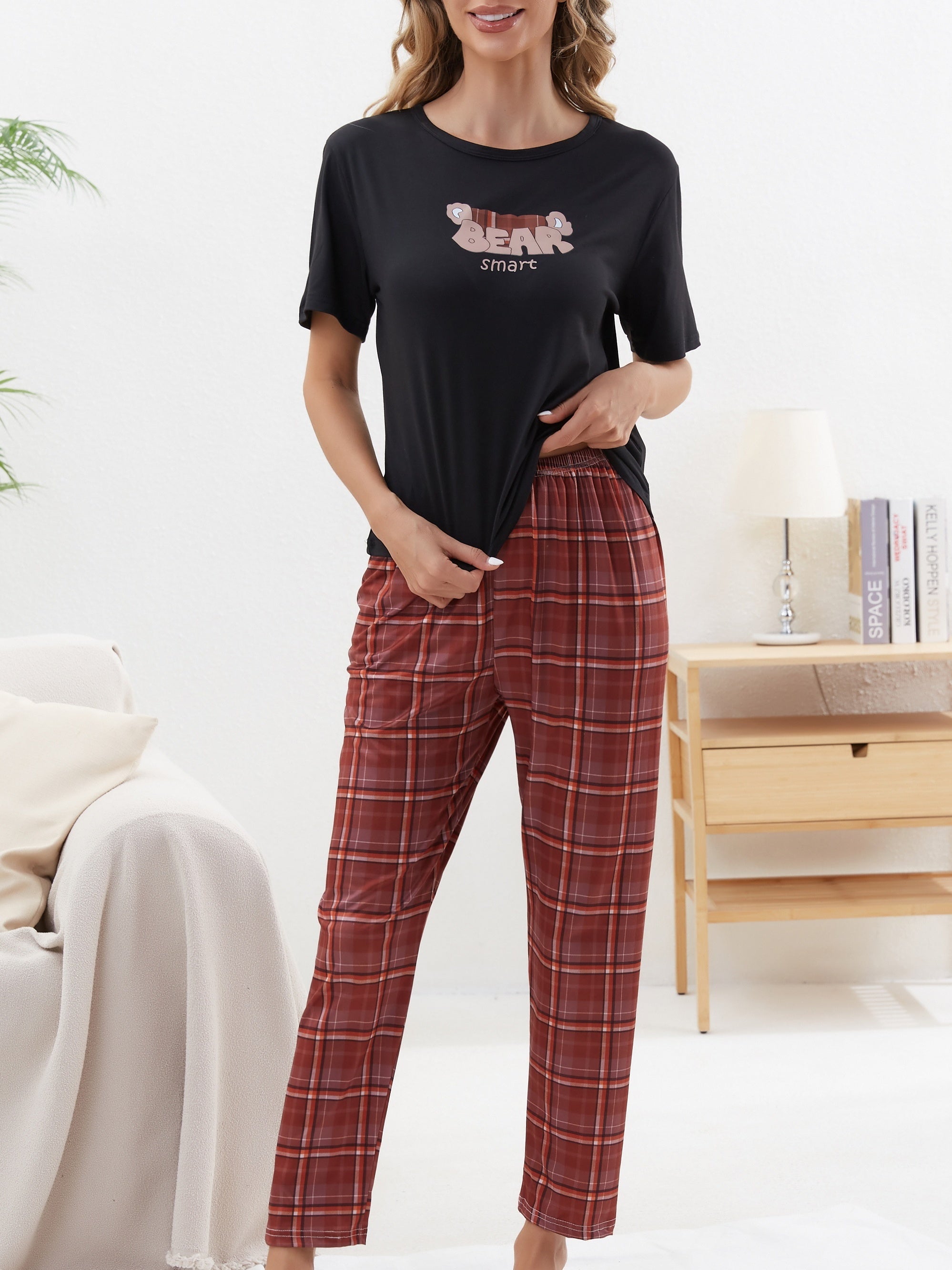 Letter Print Pajama Set Crew Neck Top & Plaid Pants Women's Loungewear