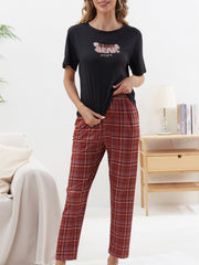 Letter Print Pajama Set Crew Neck Top & Plaid Pants Women's Loungewear