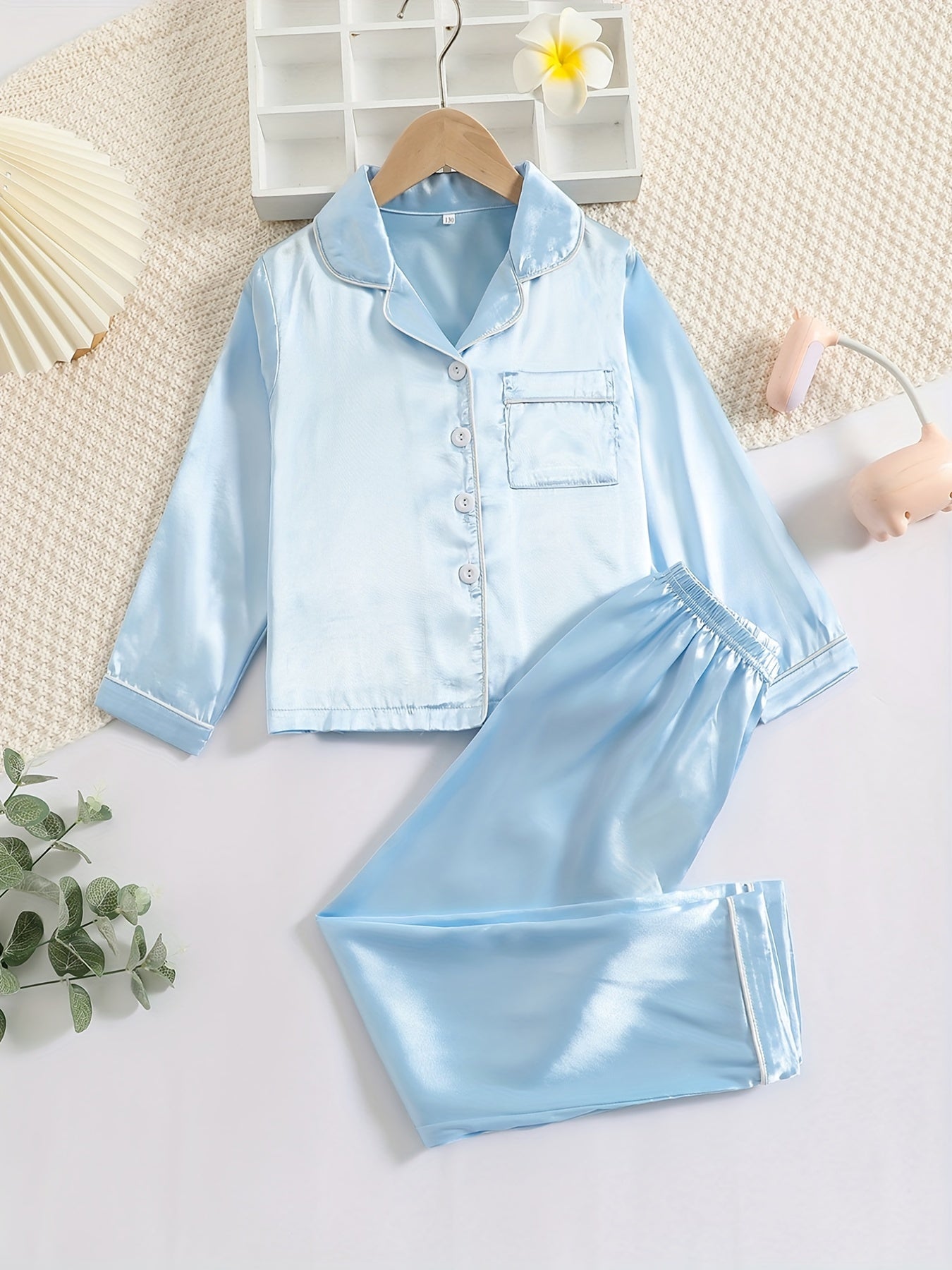 2pcs Girls Pale Pinkish Gray Pajamas Set Long Sleeve Tops & Pants