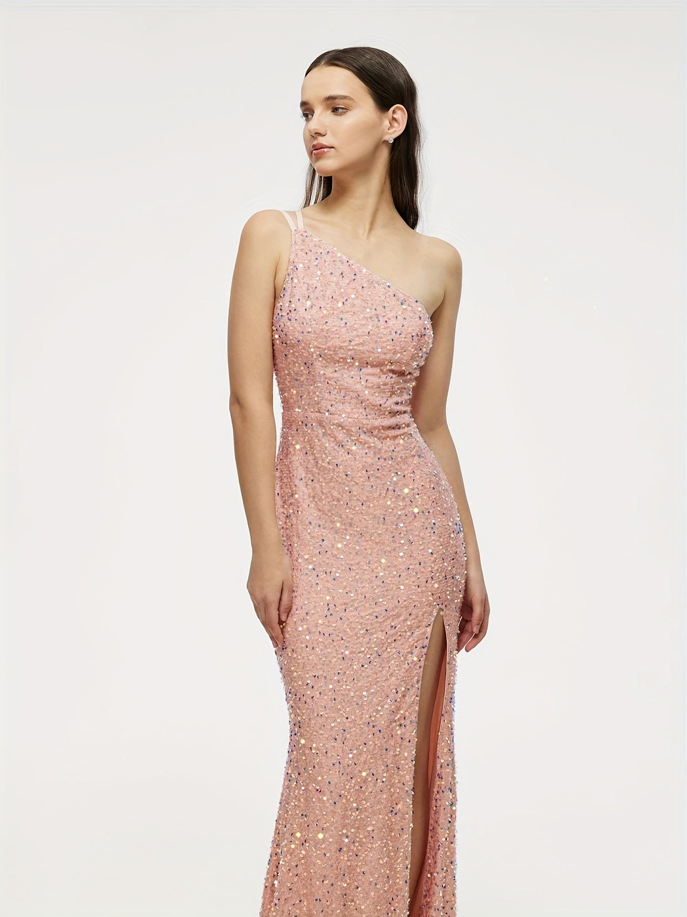 Sequined One Shoulder Split Dress Sexy Sleeveless