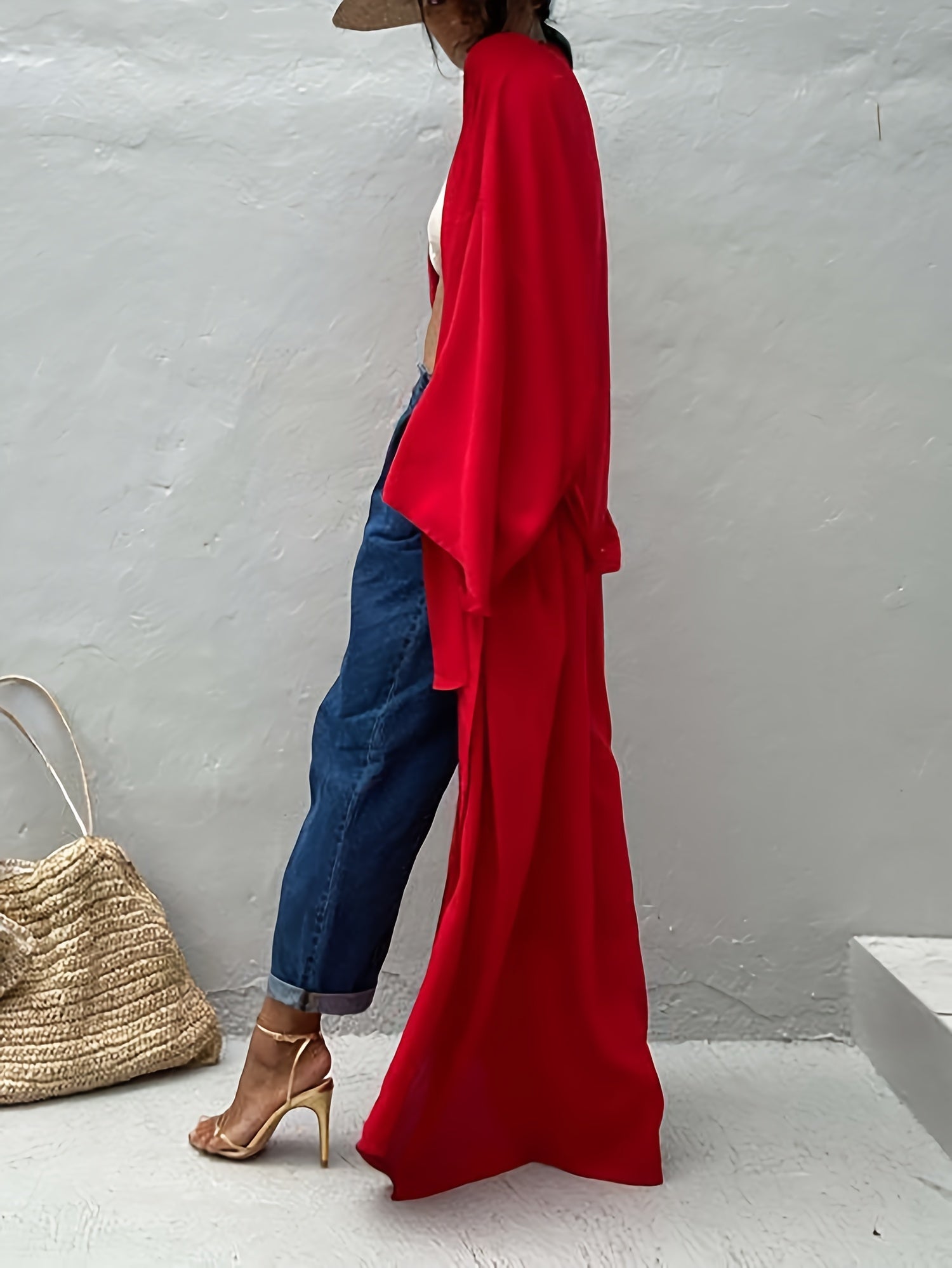 Solid Long Sleeve Belted Kimono Cover Up