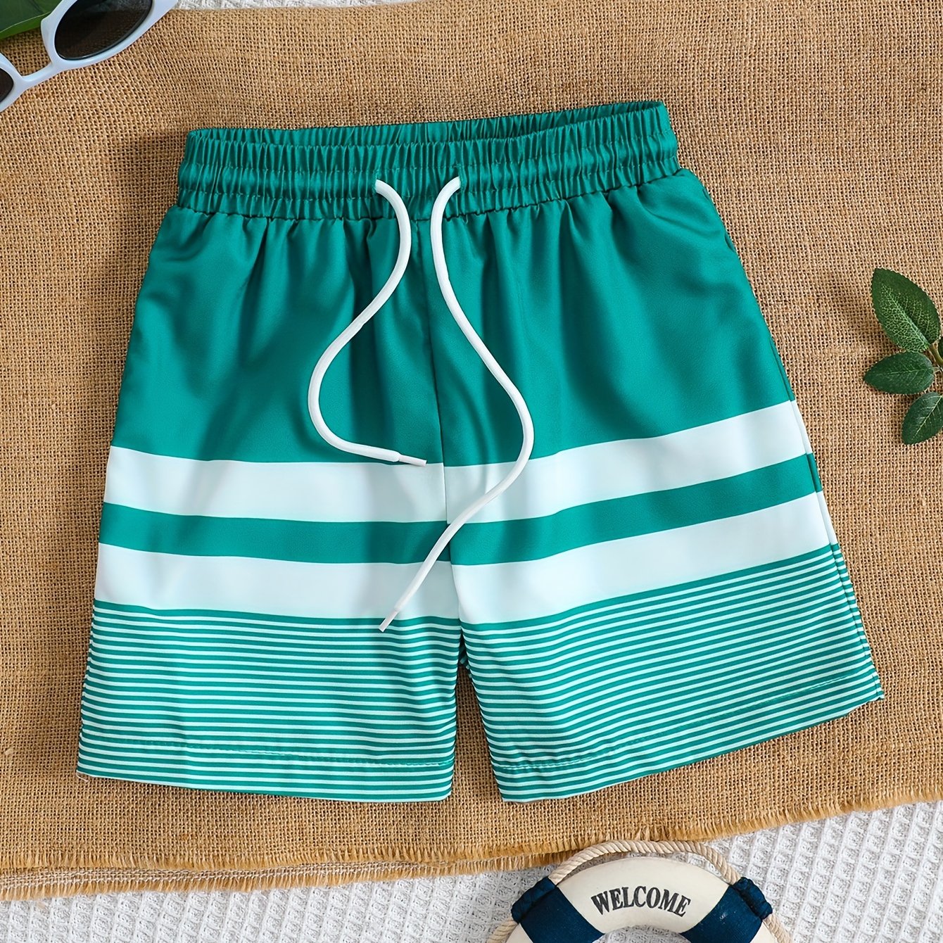 Boys Beach Pants Strip Print Drawstring Elastic Waist Swim Trunks