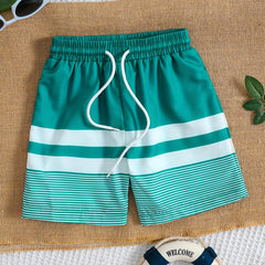 Boys Beach Pants Strip Print Drawstring Elastic Waist Swim Trunks