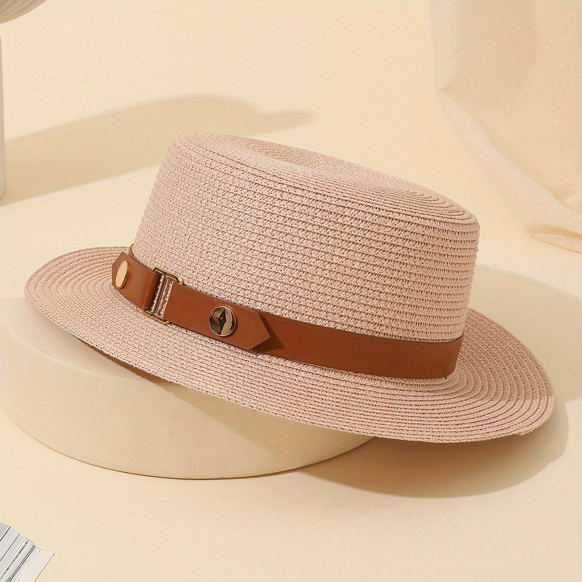 Vintage Pink Straw Flat Top Hat British Style Beach Sun Hat