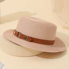 Vintage Pink Straw Flat Top Hat British Style Beach Sun Hat