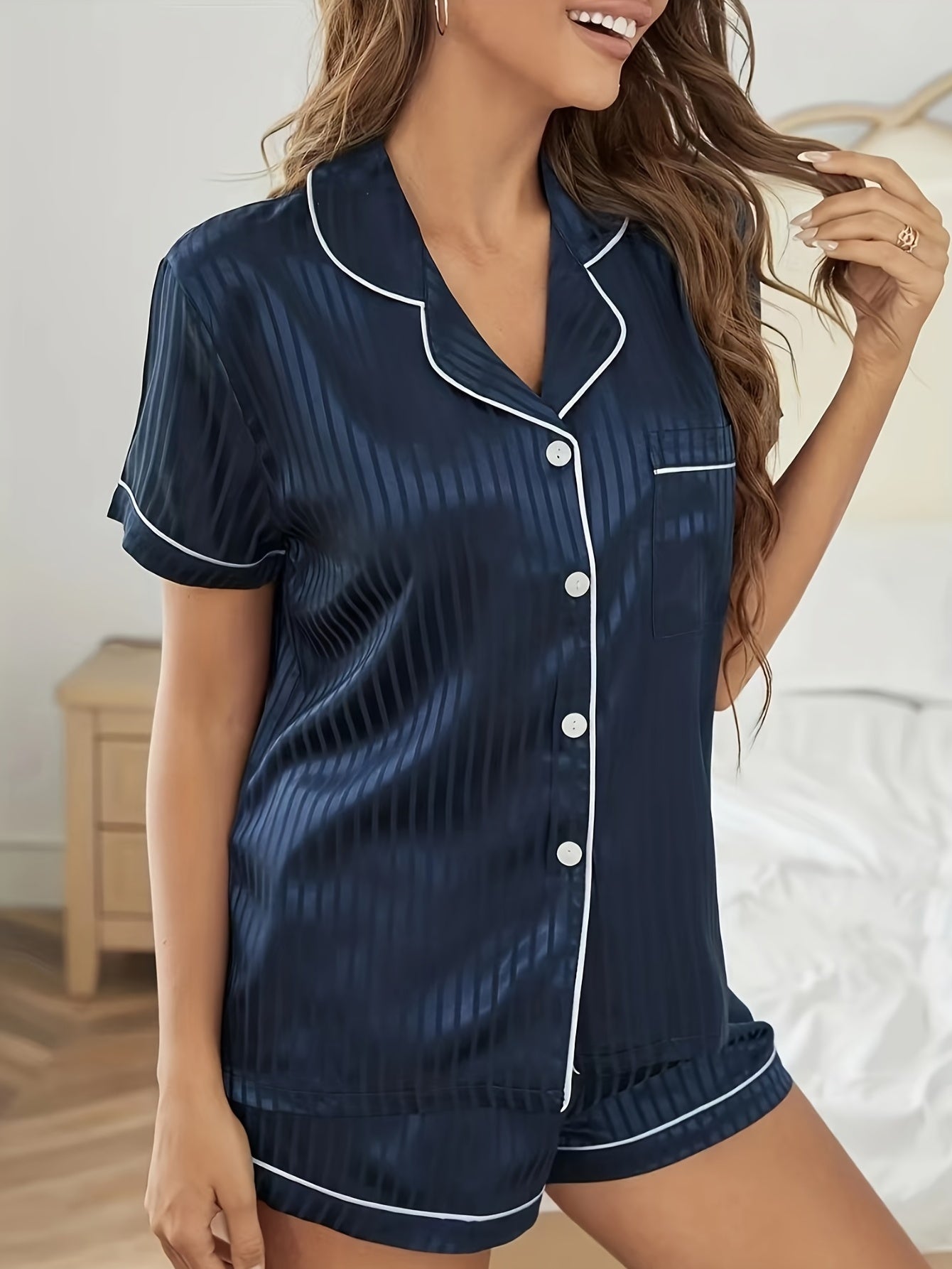 Striped Satin Lounge Set Short Sleeve Lapel Top & Shorts