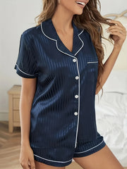 Striped Satin Lounge Set Short Sleeve Lapel Top & Shorts