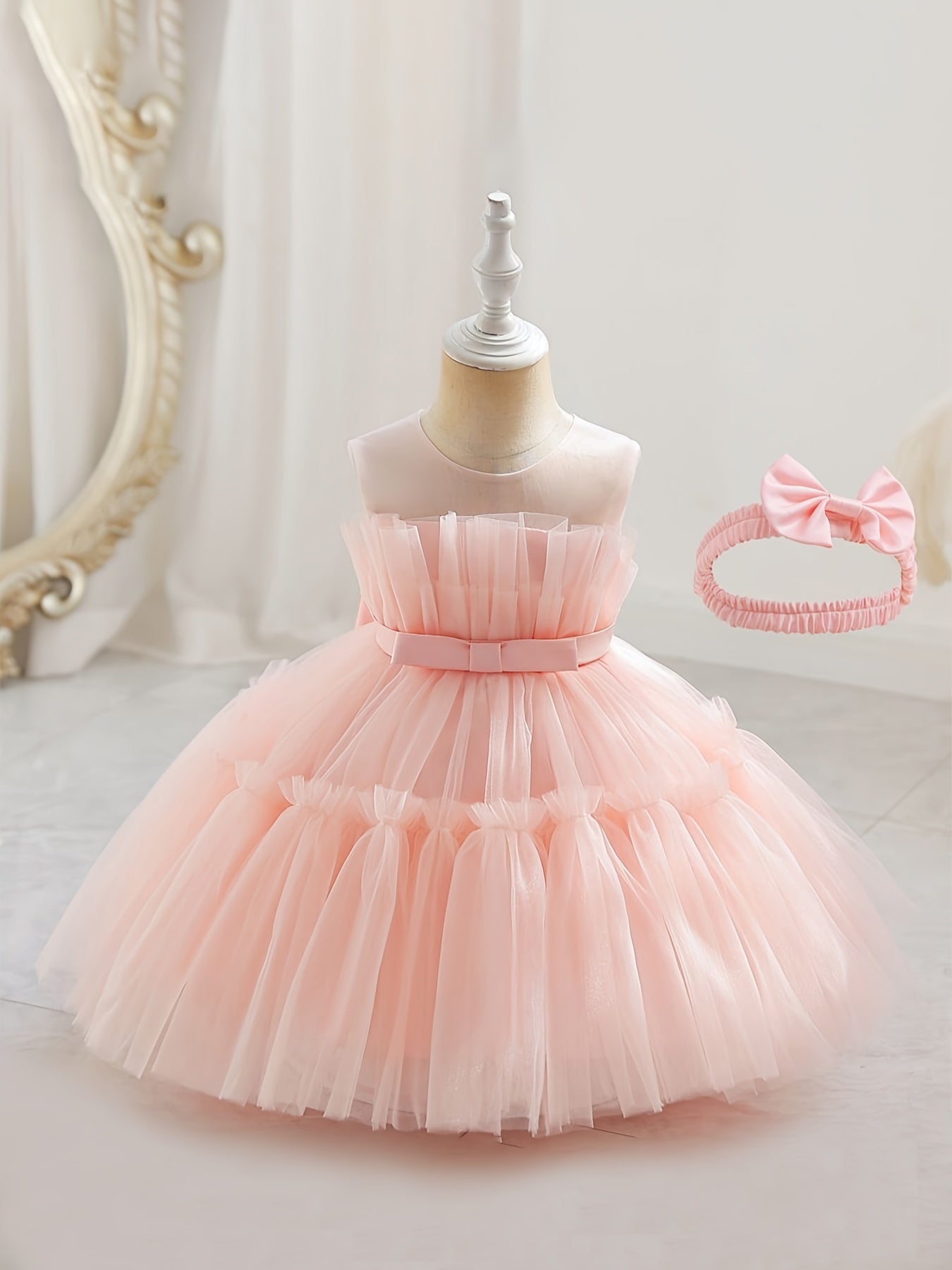 Girls Sleeveless Mesh Tutu Dress & Bow Headband Set for Party