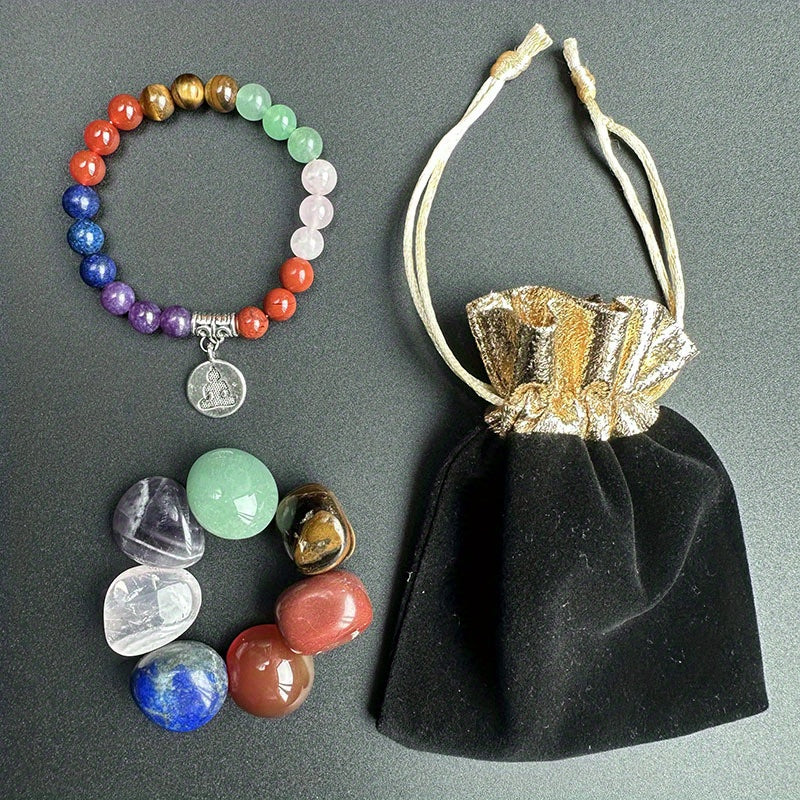 Girl's Hexagon Pendant Necklace Chakra Stone Bracelet Set