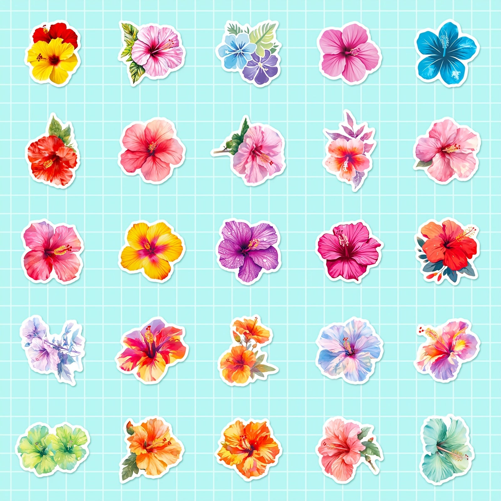 50pcs Watercolor Hibiscus Flower Stickers for Planners & Crafts