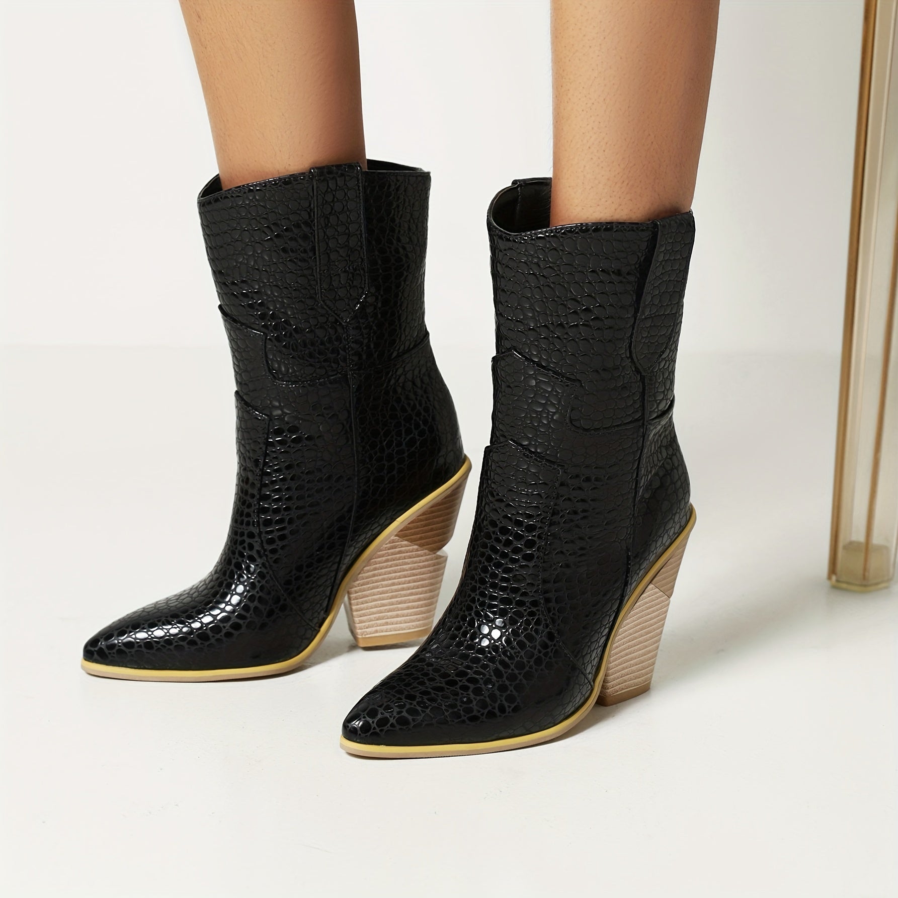 Crocodile Print Chunky Heel Boots Pointed Toe Stacked High Heel Mid Calf Boot