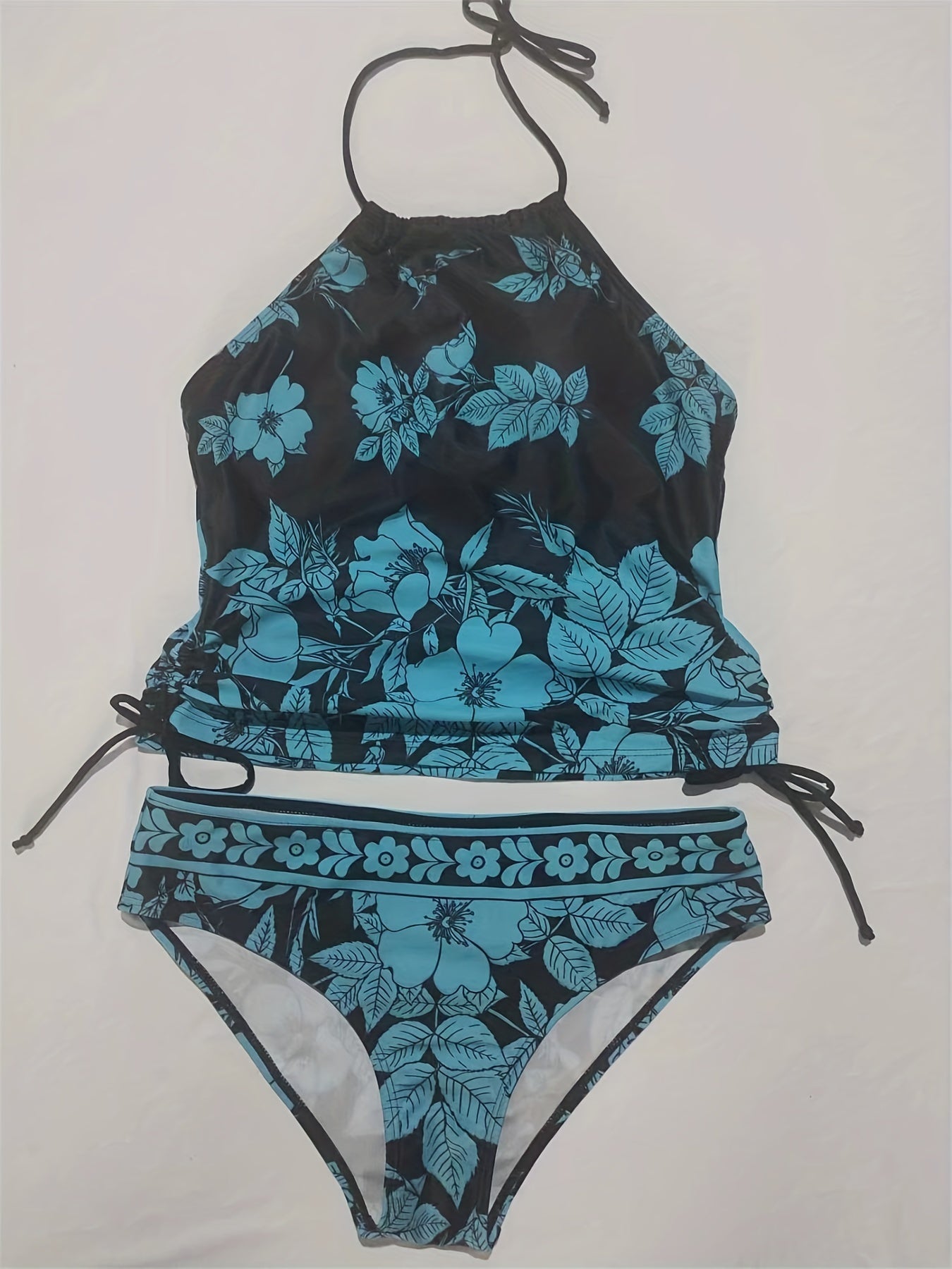 Floral Lace Up Halter Tankini Set Plus Size