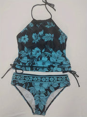 Floral Lace Up Halter Tankini Set Plus Size