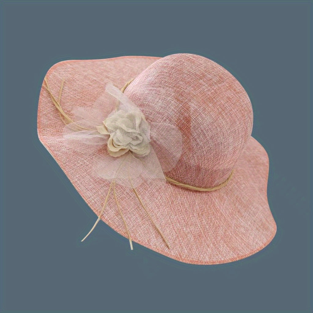 Floppy Mesh Breathable Sun Hat Flower Decor Solid Bucket Hat