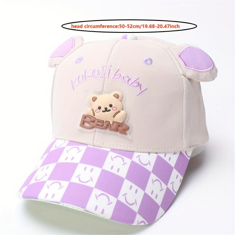 Kids Cartoon Bear Baseball Cap with Plaid Pattern for Outdoor Play