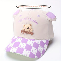 Kids Cartoon Bear Baseball Cap with Plaid Pattern for Outdoor Play