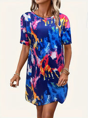 Tie Dye Crew Neck Short Sleeve Dress Women's Clothing