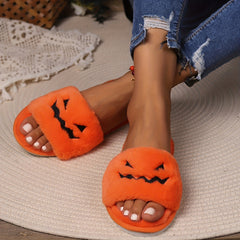 Women's Pumpkin Grimace Pattern Slippers Halloween Indoor Shoes