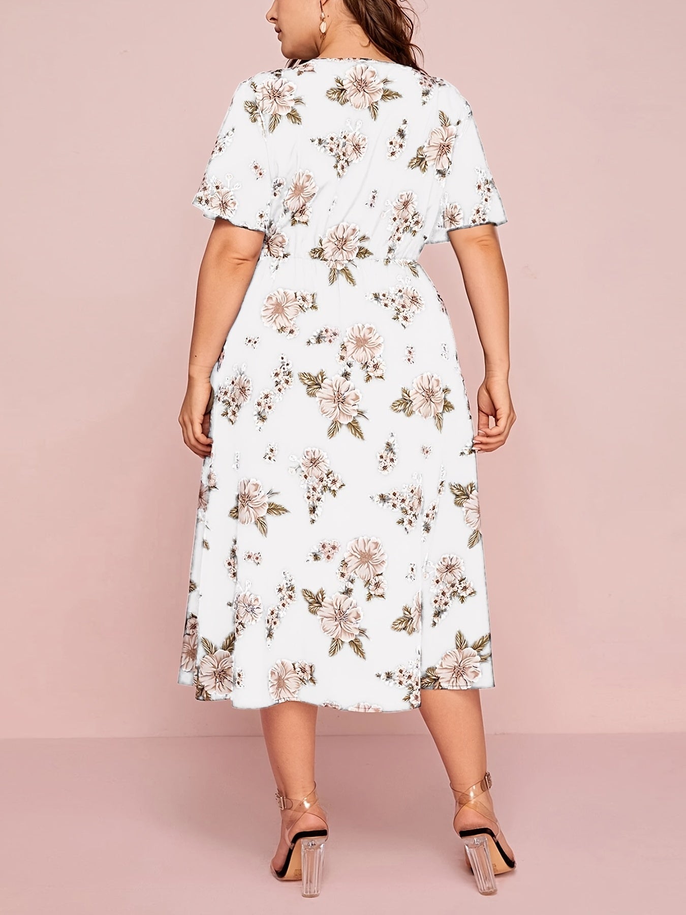 Floral Print Short Sleeve V Neck Dress