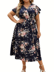 Dot Print Ruffle Sleeve V Neck Dress With Pockets