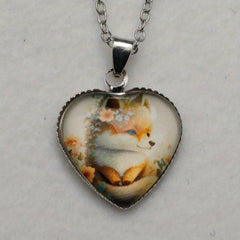 Fox Flower Heart Pendant Necklace for Girls
