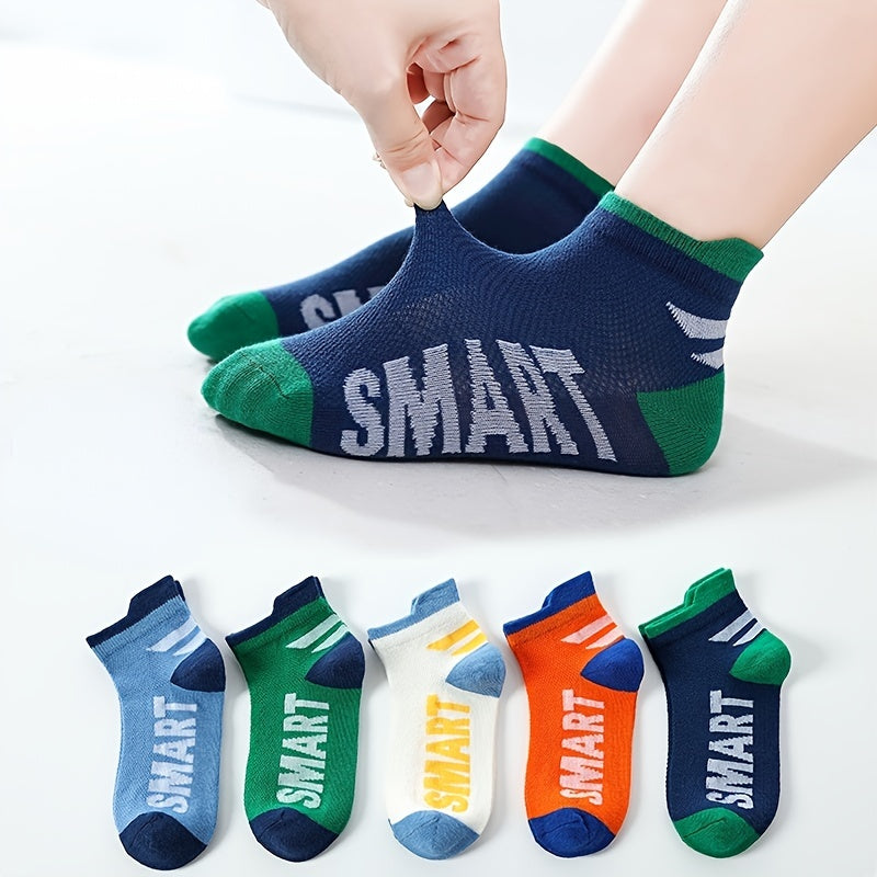 5 Pairs Boys Casual Mesh Socks with SMART Print