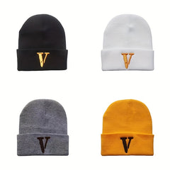 Unisex V Embroidery Knitted Hat Ski Pullover Hat