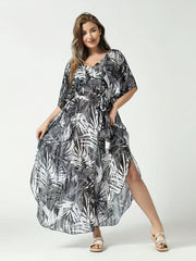 Tropical Print V Neck Bat Sleeve Cover Up Dress