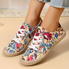 Flower Pattern Canvas Lace-Up Flat Sneakers for Women