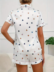 Heart Print Pajama Set Short Sleeve Top & Shorts Women's Sleepwear
