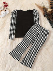 Girl's Heart Print Top & Flared Pants Set Houndstooth Pattern Outfit