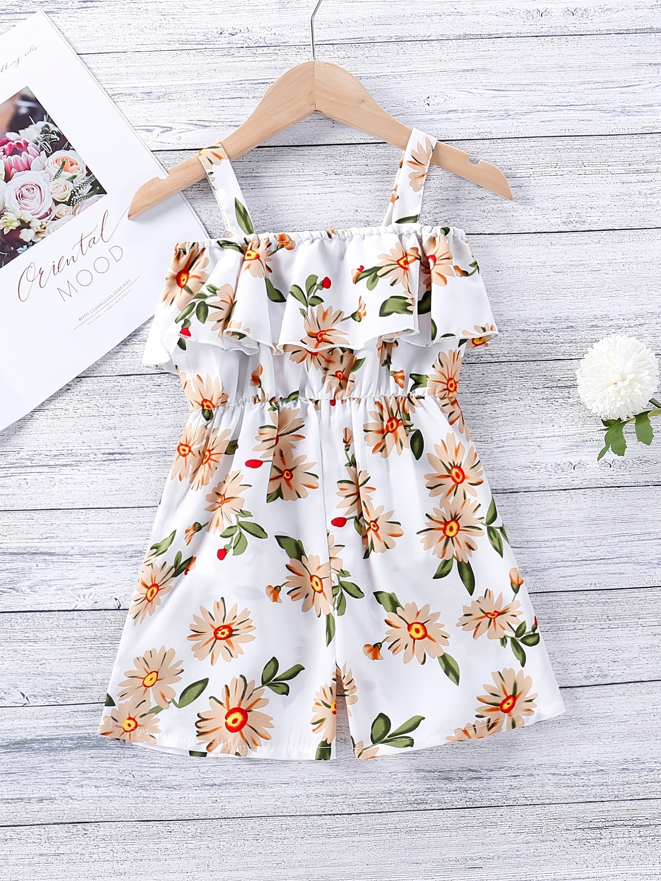 Floral Cold Shoulder Ruffle Trim Romper Jumpsuit Girls Summer Clothes